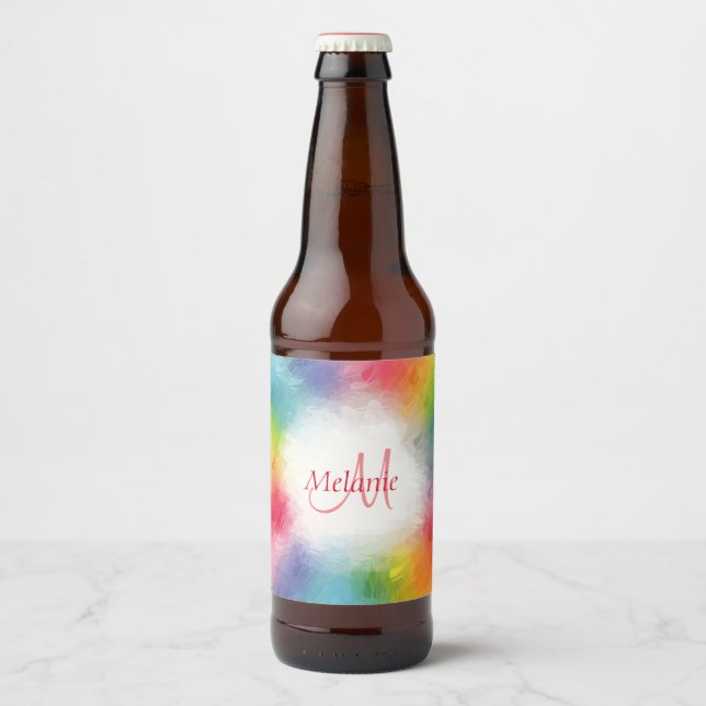 Monogram Template Custom Colorful Modern Rainbow Beer Bottle Label (Front)