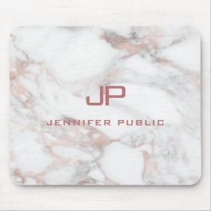 Monogram Template Elegant Rose Gold White Marble Mouse Pad