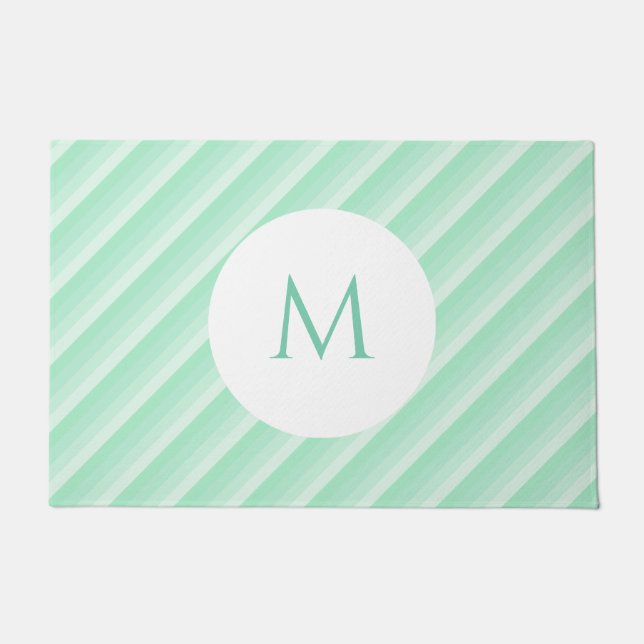 Monogram Template Mint Green Stripes Trendy Modern Doormat (Front)