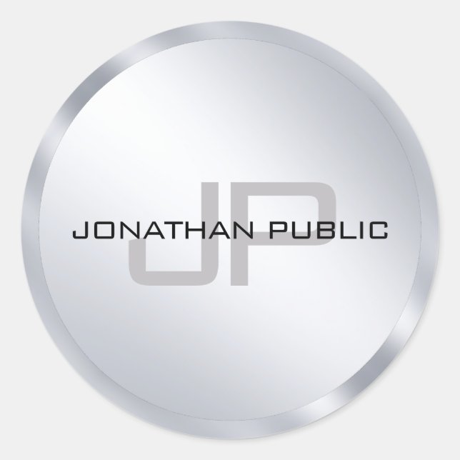 Monogram Template Modern Elegant Metallic Silver Classic Round Sticker (Front)