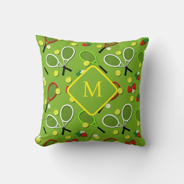 Monogram Tennis Themed Green Patterned Throw Pillow (Front)
