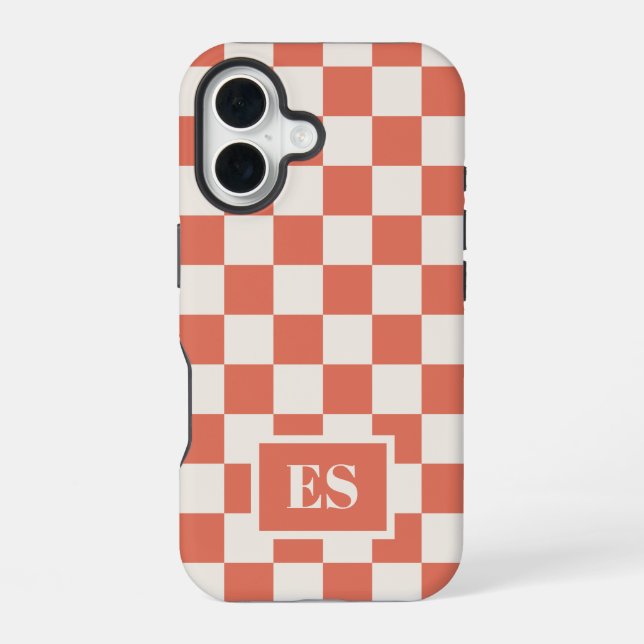 Monogram Terracotta and Cream Checkered Pattern iPhone Case (Back)