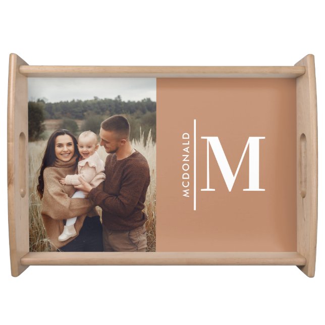 Monogram terracotta chic personalized photo family serving tray (Front)