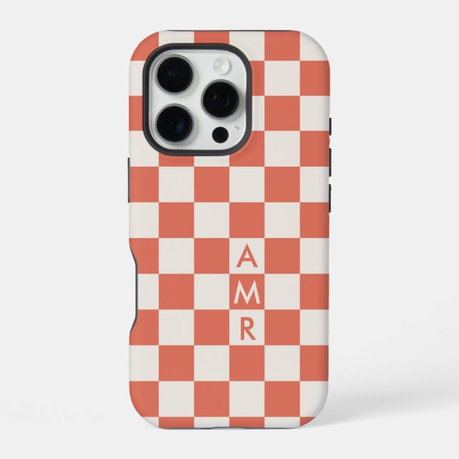 Monogram Terracotta Cream Checkered Pattern Iphone Case (Back)