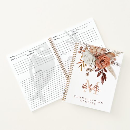 Monogram Terracotta Florals Thanksgiving Recipes Notebook