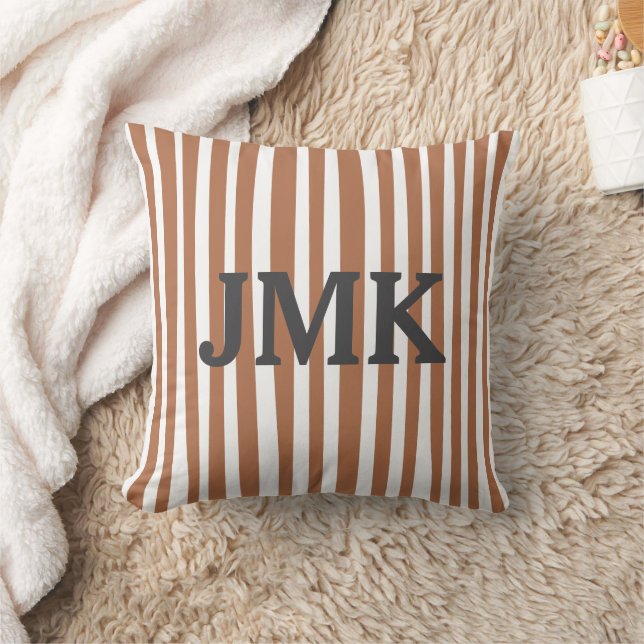 Monogram Terracotta Modern Stripes Minimalist  Throw Pillow (Blanket)