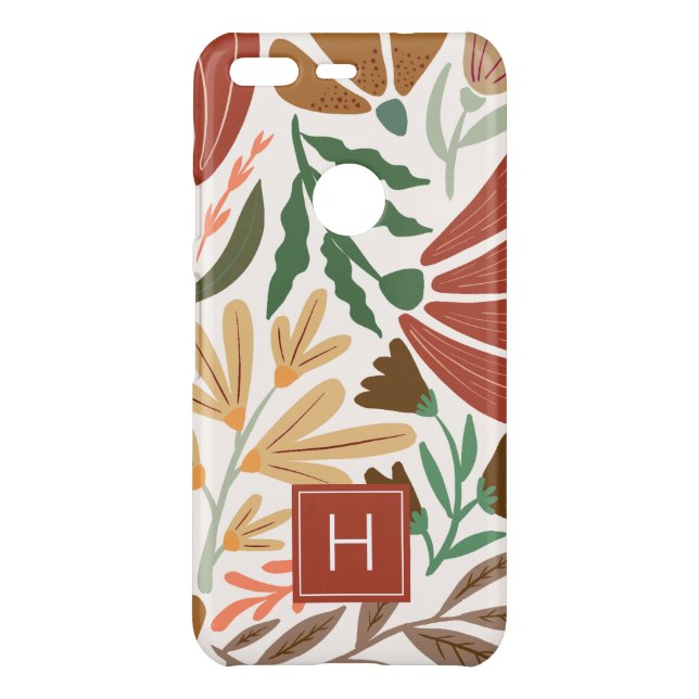 Monogram Terracotta Retro Floral Boho Uncommon Google Pixel Case (Back)