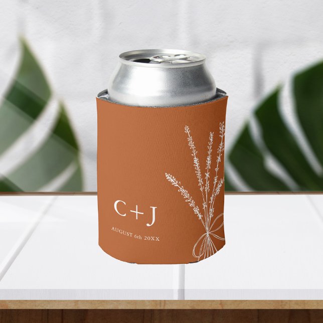 Monogram Terracotta Simple Botanical Wedding Favor Can Cooler (Creator Uploaded)
