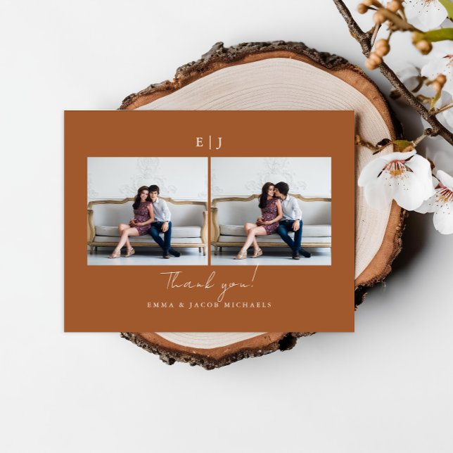 Monogram Terracotta Wedding Photo Thank You Postcard (Creator Uploaded)