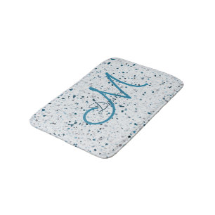 Monogram Terrazzo Teal Blue Green White Grey Retro Bath Mat