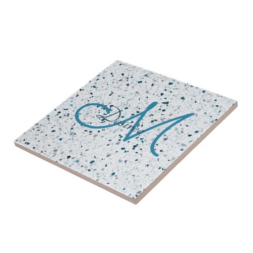 Monogram Terrazzo Teal Blue Green White Grey Retro Ceramic Tile