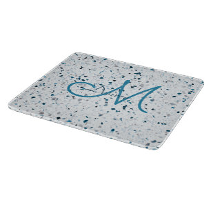 Monogram Terrazzo Teal Blue Green White Grey Retro Cutting Board