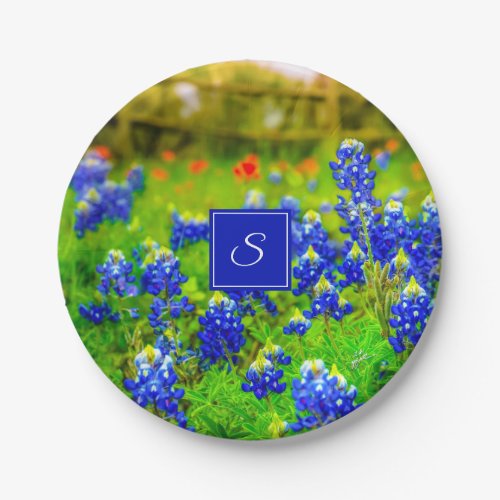 Monogram Texas Bluebonnets  Indian Paintbrush Paper Plates