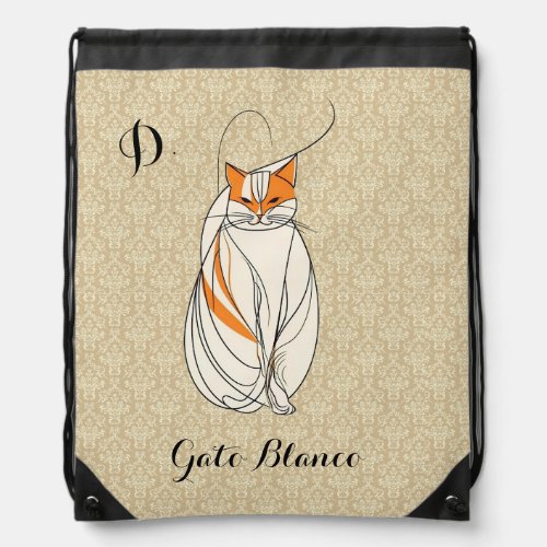 Monogramtext Elegant Lineart whiteorange cat  Drawstring Bag
