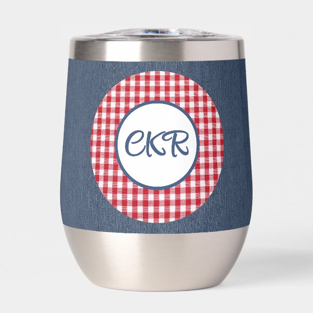 Monogram, Text | Red Gingham Denim Stainless Steel Thermal Wine Tumbler (Front)