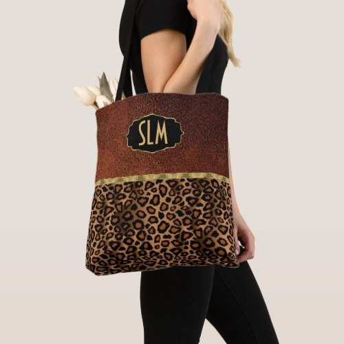 Monogram Texture Brown and Leopard Pattern Tote Bag