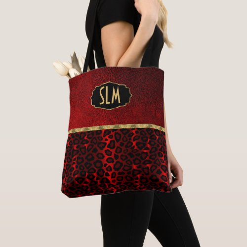 Monogram Texture Red and Leopard Pattern Tote Bag