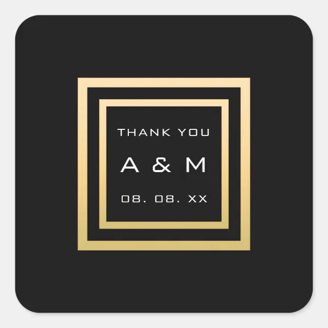 Monogram Thank Gold Frame Minimalism Date Wedding Square Sticker | Zazzle
