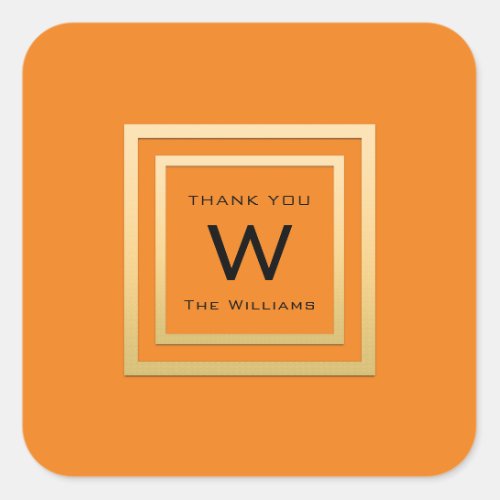 Monogram Thank Gold Frame Orange VIP Wedding Square Sticker