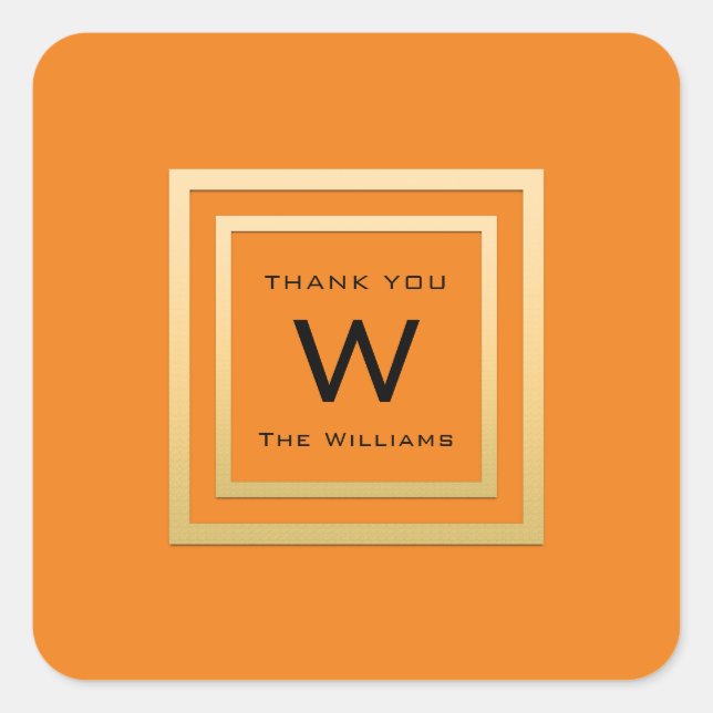 Monogram Thank Gold Frame Orange VIP Wedding Square Sticker (Front)