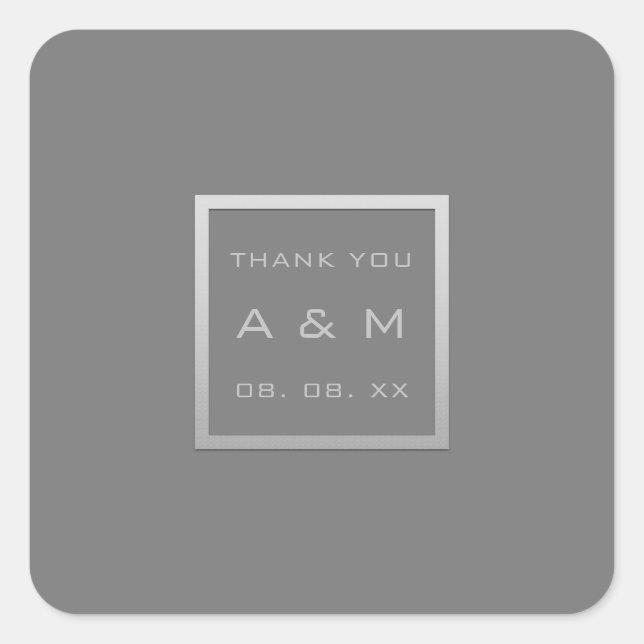 Monogram Thank Gray Frame Silver Date Wedding Square Sticker (Front)
