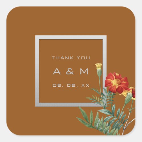 Monogram Thank Gray Frame Silver Floral Brown Square Sticker