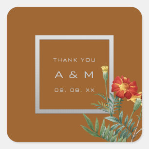 Monogram Thank Gray Frame Silver Floral Brown Square Sticker
