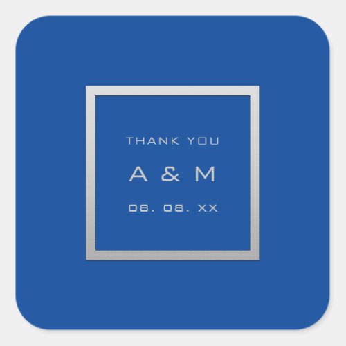 Monogram Thank Gray Frame Silver Wedding Blue Square Sticker