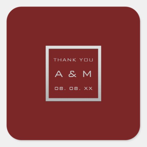 Monogram Thank Gray Frame Silver Wedding Maroon Square Sticker