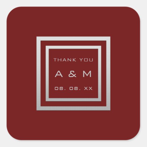 Monogram Thank Gray Frame Silver Wedding Maroon Square Sticker