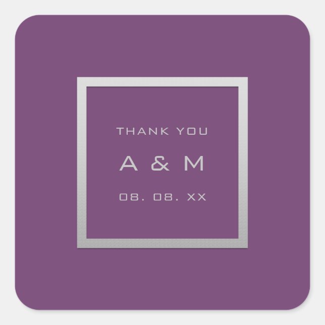 Monogram Thank Gray Frame Silver Wedding Purple Square Sticker (Front)