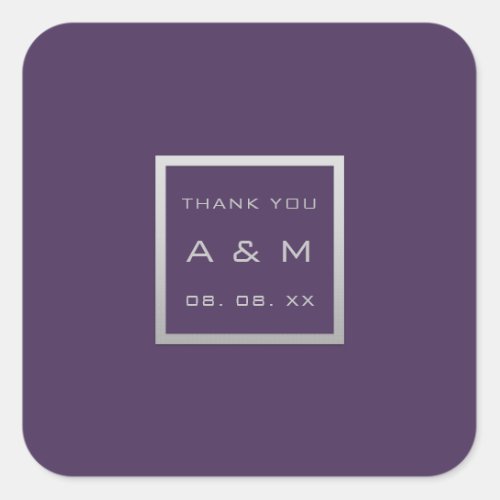 Monogram Thank Gray Frame Silver Wedding Purple Square Sticker