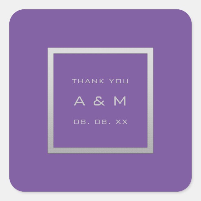 Monogram Thank Gray Frame Silver Wedding Purple Square Sticker (Front)