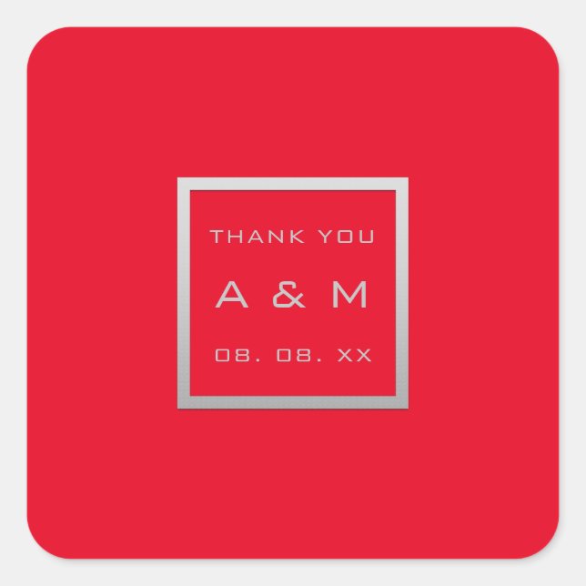 Monogram Thank Gray Frame Silver Wedding Red Square Sticker (Front)