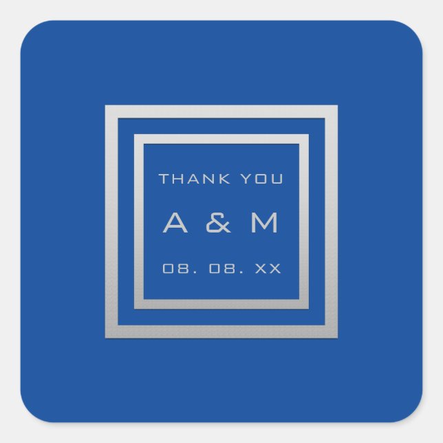 Monogram Thank Gray Frame Silver Wedding Royal Blu Square Sticker (Front)