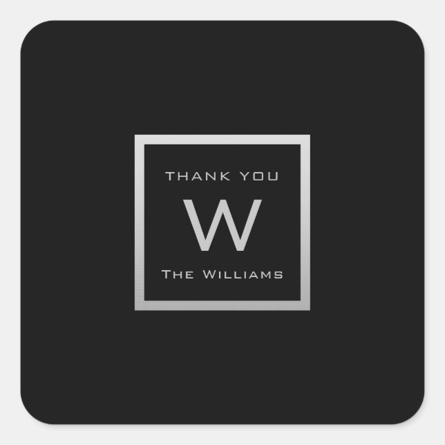 Monogram Thank Gray Silver Frame VIP Wedding Black Square Sticker (Front)