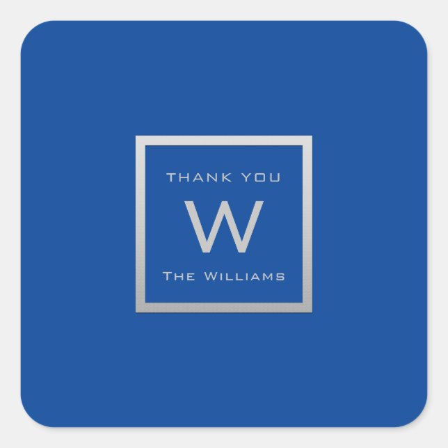 Monogram Thank Gray Silver Frame VIP Wedding Blue Square Sticker (Front)