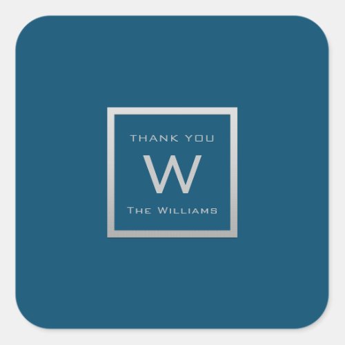 Monogram Thank Gray Silver Frame VIP Wedding Blue Square Sticker