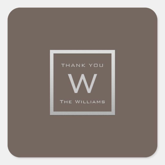 Monogram Thank Gray Silver Frame VIP Wedding Brown Square Sticker (Front)