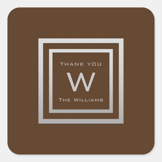 Monogram Thank Gray Silver Frame VIP Wedding Brown Square Sticker (Front)