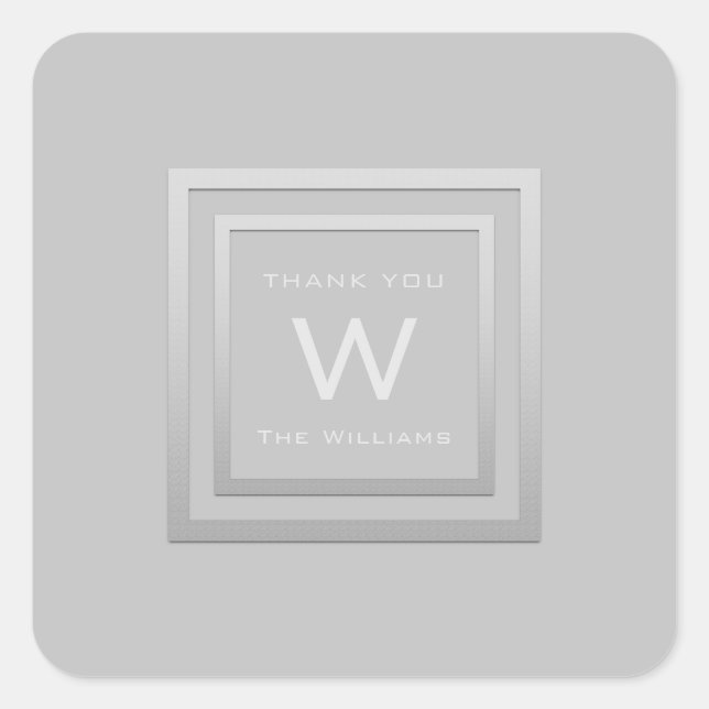 Monogram Thank Gray Silver Frame VIP Wedding White Square Sticker (Front)