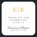 Monogram Thank You Elegant Gold Wedding Favor Square Sticker<br><div class="desc">Elegant wedding favor stickers with a simple design featuring the message, "Thank you for celebrating with us". Above is your two initial monogram in faux gold and below are your names in calligraphy and date in a serif font, over a white background. These chic and stylish stickers add a classy...</div>
