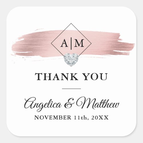 Monogram THANK YOU Rose Gold Heart Wedding Square Sticker