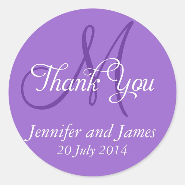 Monogram Thank You Wedding Favour Stickers Purple (Front)