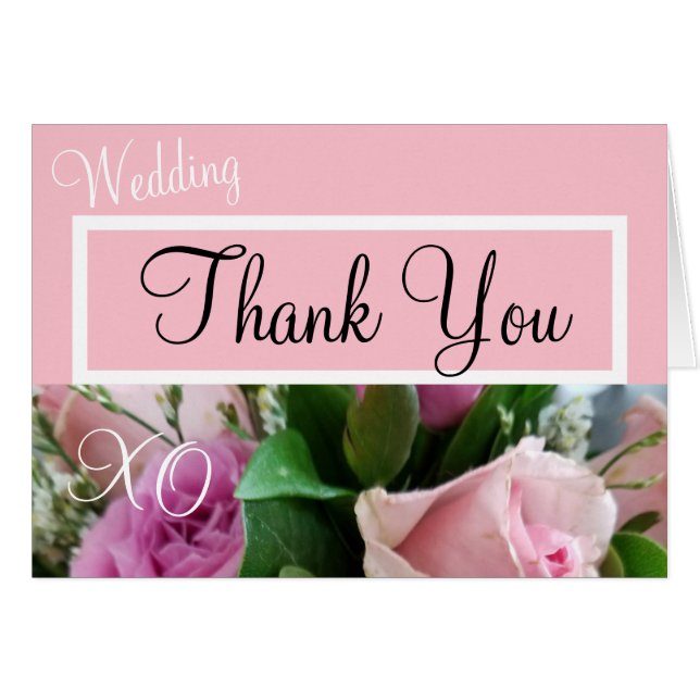 Monogram Thank You Wedding Pink Roses Cards (Front Horizontal)