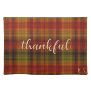 Monogram, Thankful, Autumn Plaid Pattern 20x14 Cloth Placemat