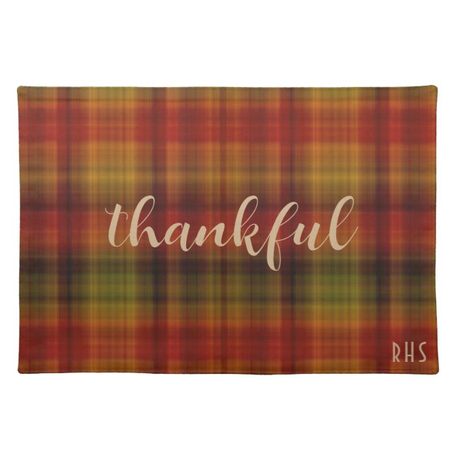 Monogram, Thankful, Autumn Plaid Pattern 20x14 Cloth Placemat (Front)