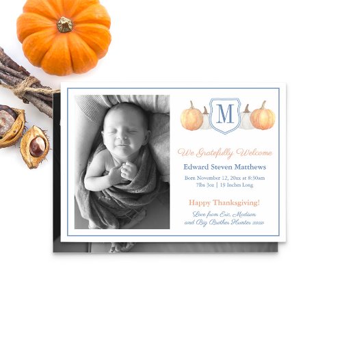 Monogram Thanksgiving Grateful Adoption Baby Birth Announcement