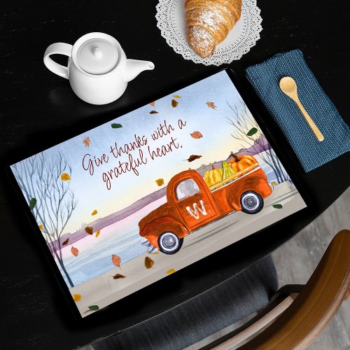 Monogram Thanksgiving Orange Truck Paper Placemats