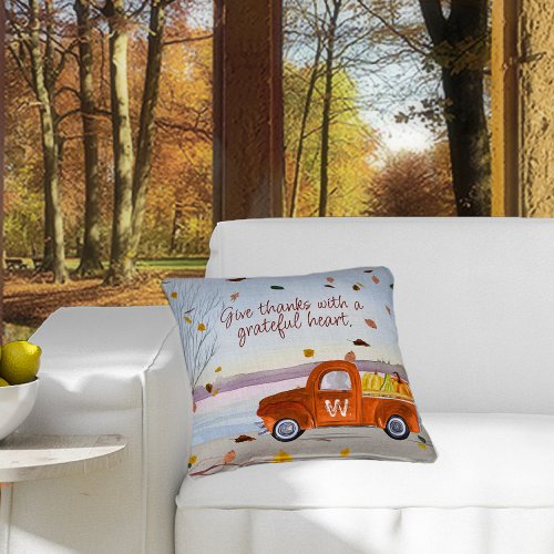 Monogram Thanksgiving Orange Truck Pumpkins Leaves Throw Pillow